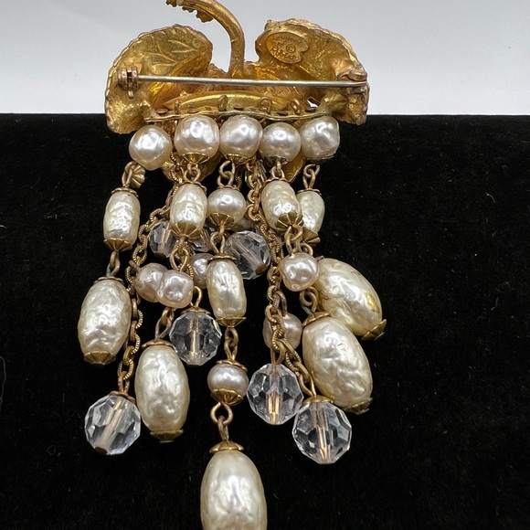 Vintage “Original by Robert” Faux Pearl & Crystal Dangle Brooch, 1960s Rare - Picture 5 of 6